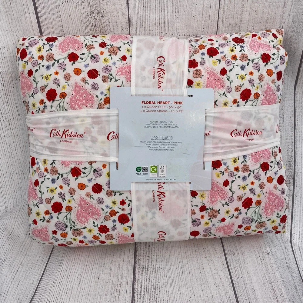 Cath Kidston Floral Heart Quilt Set Queen Pink Cotton Shabby Chic Cottagecore